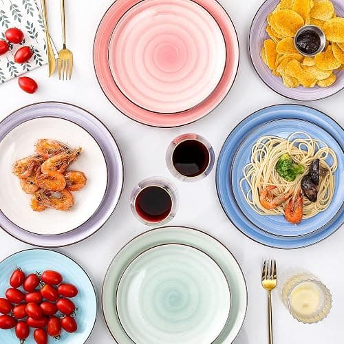 KitchenTour Large Ceramic Dinner Plates, 10 Inch Porcelain Serving Plate for Salad, Dessert Pizza Steak Pasta Plates Set, Dishwasher and Microwave Safe - Set of 6, Assorted Warm Colors thumbnail 2