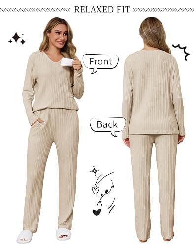 Lovasy Womens Pyjamas Set Ladies Ribbed Pjs 2 Piece Pajamas Long Sleeve Top and Wide Leg Trousers Loungewear Sets thumbnail 4