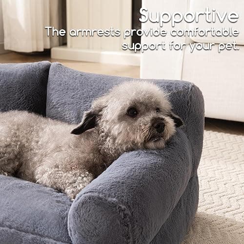 Hollypet Fluffy Plush Dog Cat Pet Couch Soft Calming Sofa Bed for Medium Small Cats and Dogs, Gray thumbnail 4