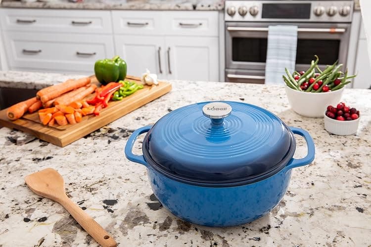 Lodge 6 Quart Enameled Cast Iron Dutch Oven with Lid – Dual Handles – Oven Safe up to 500° F or on Stovetop - Use to Marinate, Cook, Bake, Refrigerate and Serve – Blue thumbnail 6