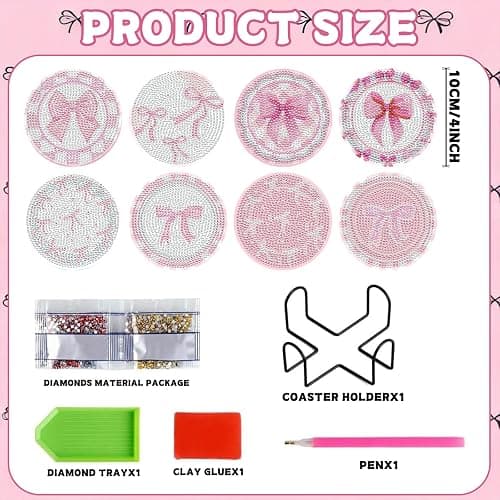 8 Pcs Diamond Painting Coasters,Diamond Painting Kits,Pink Bow Diamond Art Coasters,5D DIY Full Drill Diamond Dots,Gem Art Kits for Adults Arts and Crafts Supplies thumbnail 4