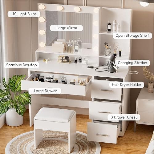 YESHOMY Vanity Desk with Mirror, Power Outlet and 10 Lights, Makeup Table with 4 Drawers, 3 Color Modes Available for Bedroom, Pure White, 39x15.75x59.41 inch thumbnail 8