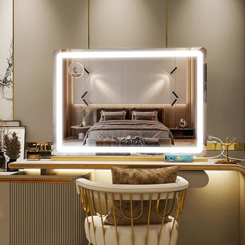 ROLOVE Gold Vanity Mirror with Lights, 32" x 22" Large Lighted Vanity Mirror with Dimmable 3 Modes, LED Makeup Mirror, USB Charging Port, Tabletop or Wall-Mounted thumbnail 3