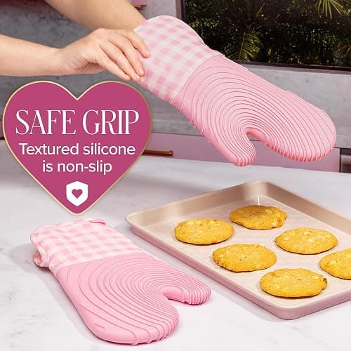 Paris Hilton Oven Mitt Set with Limited Edition Pink Gingham Design, Heat Resistant Pot Holders Featuring Non-Slip Textured Silicone Grips, 2-Piece Set, Pink thumbnail 5