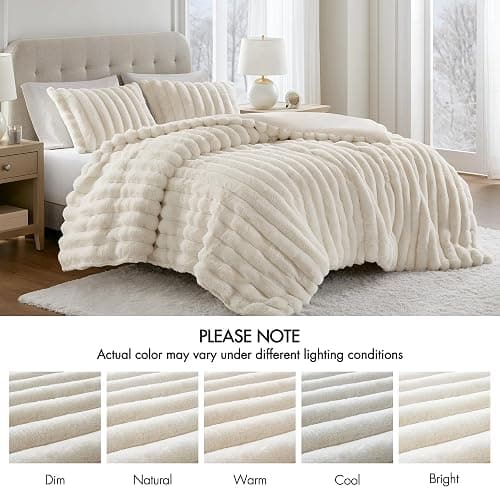 Madison Park Jasmine Luxurious Plush Queen Comforter Set, 3 Piece, Ivory | Soft Faux Fur Ribbed Velvet Bedding Set Full Size for Winter, Reversible, Warm Fuzzy Thick, with Matching Shams thumbnail 11