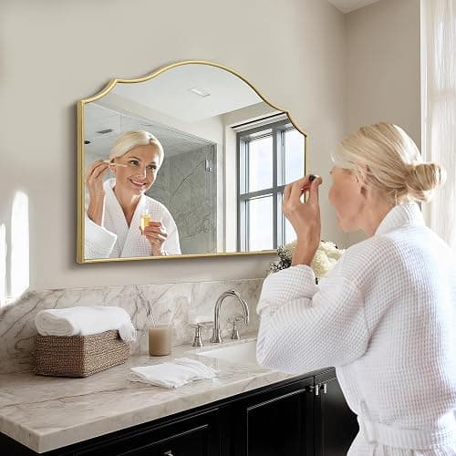 Besdomus Gold Scalloped Mirror for Dresser: 35"x26" Modern Wooden Mantel Mirror - Minimalist Decorative Wall for Vanity/Bedroom/Fireplace/Entryway - Ideal for 20-44 Age Fashion Women thumbnail 5