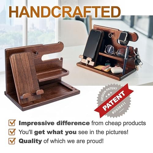 TESLYAR Wood Phone Docking Station for Men - Desk or Nightstand Organizer - Birthday Gifts for Husband, Dad - Anniversary Idea from Wife - Key Holder, Stand Wallet, Watch & Essentials (Bourbon Brown) thumbnail 2