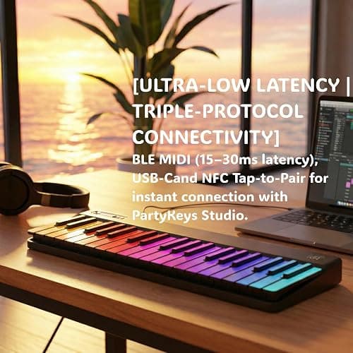 PartyKeys 36-Key Smart Piano, Portable Modular RGB MIDI Keyboard, Black | Portable RGB smart piano for guided play, music games and custom tools; connect by Bluetooth MIDI, USB-C or PartyStudio thumbnail 4