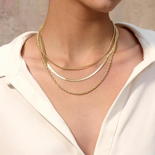 Freekiss Women's Layered Necklace Set - 3 Piece Dainty Gold Jewelry for Everyday Stacking | 14K Gold Plated Snake Chain, Rope Chain, Cuban Chain | Adjustable Length 14-18.5 Inch | Gift Ready thumbnail 3