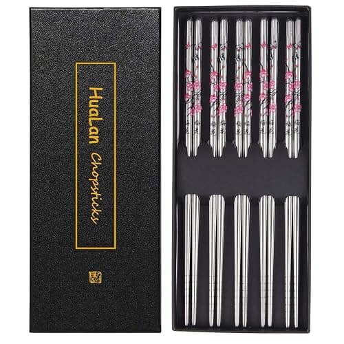 HuaLan Stainless Steel Chopsticks, Metal Chopsticks, Reusable Non-slip Design Chop Sticks, 5 Pairs Gift Set,Plum Pattern Design - Image 1