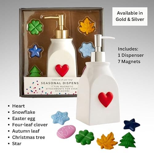 SKL Home Seasonal Soap/Lotion Dispenser Gift Set with 7 Interchangeable Magnetic Holiday Attachments, Refillable for Bathroom & Kitchen, Silver thumbnail 3