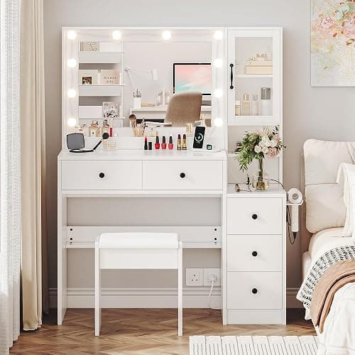 UGTOO White Vanity Table with Drawer Dresser, Farmhouse Vanity Makeup Desk with Charging Station, Vanity Desk with Lights Mirror & Drawers for Makeup, Vanity Desk with Storage Shelf & 5 Drawers thumbnail 6