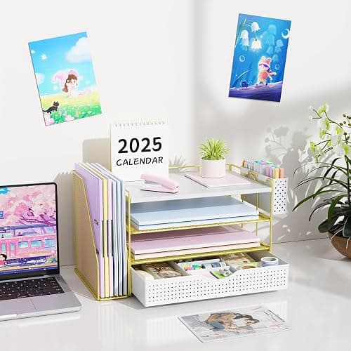 gianotter Wood Desk Organizers and Accessories with File Holder, 4-Tier Desk Accessories & Workspace Organizers with Drawer and Pen Holder, Desk Reference Organizer (Gold, 4T with Drawer) thumbnail 7