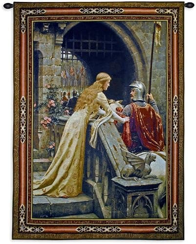 Godspeed Edmund Blair Leighton | Woven Tapestry Wall Art Hanging | Medieval Lady with Arthurian Knight | 100% Cotton USA Size 40x31 - Image 1