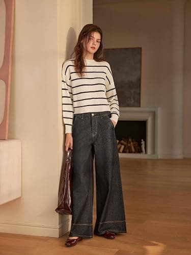 CIDER Women’s Cropped Striped Sweater Long Sleeve Crew Neck Tops | Knit, Trendy, Cute Pullover, Fall Outfits thumbnail 5