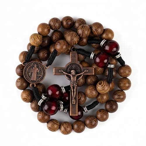 Nazareth Store Classic 10mm Solid Wood Rosary Beads Necklace for Men Olive & Dark Red Wooden Strong Rugged Corded Catholic Rosary with St.Benedict Medal & Cross Crucifix - Image 1