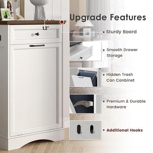 NEWOWNDS Tilt Out Trash Can Cabinet 13 Gallon Hidden Trash Garbage Can Cabinet with Drawer,Waterproof Cutting Board,Pet Proof Hidden Garbage,Laundry Bathroom, White thumbnail 4