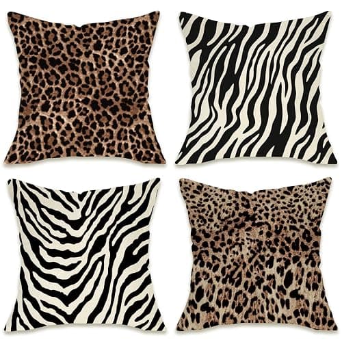 Fahrendom Leopard Zebra Print Decorative Throw Pillow Covers Set of 4, Wild Animal Cheetah Black White Stripes Outdoor Pillowcase, Farmhouse Wildlife Sofa Couch Cushion Case Home Decor 18 x 18 - Image 1