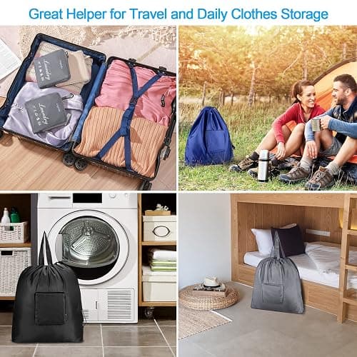GOGOODA Travel Laundry Bags with Drawstring Closure XL Large Foldable Dirty Clothes bags with Handle Heavy Duty and Washable for College Dorm Travelling Camping, 2 Pack, Black & Beige thumbnail 6