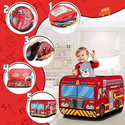 Britik Pop Up Play Tent for Kids Aged 3-5 Years Old Boys and Girls : Fire Truck Tent Playhouse Toy Play Tents for Toddlers 3-5 Kids Tent Indoor Outdoor Playhouse Toys for 3 + Year Old, Fire Truck thumbnail 3