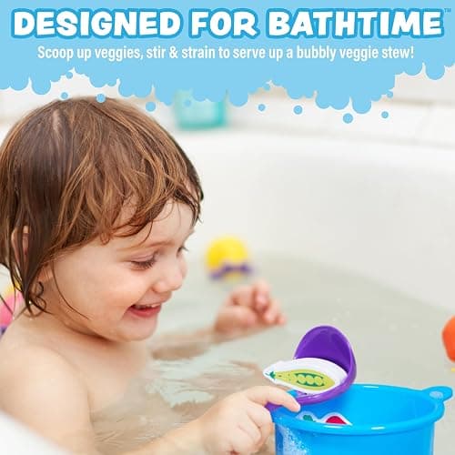 Tub Works® Tub Soup™ Scoop, Strain & Play Toddler Bath Toy | Floating Foam Veggies, Ladle for Scooping & Soup Pot for Straining | Pretend Play Cooking Kids Bath Toys | Creative Bathtub Toys thumbnail 3