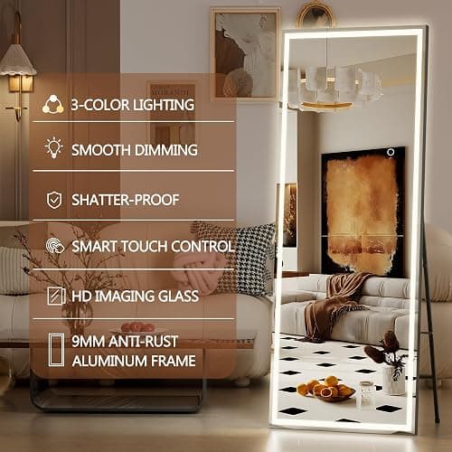 HASIPU Full Length Mirror with Lights, 56" x 18" LED Lighted Floor Standing Mirror, Full Body Dressing Hanging Mounted Mirror, Dimmable, Tempered Glass, Safe to Use, Square Black thumbnail 9