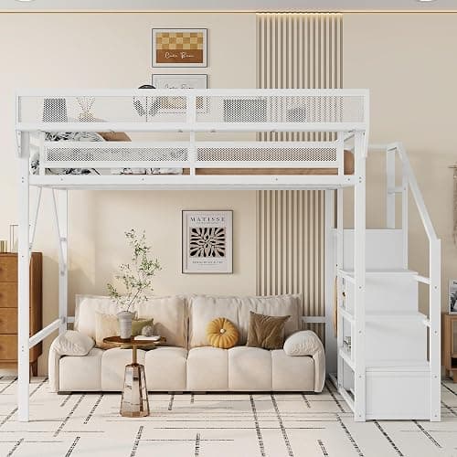 KEIKI Queen Size Metal Loft Bed Frame with Convertible Staircase, Built-in Storage Shelves and Wardrobe, Loft Bed with Solid Slats, Guardrail, No Box Spring Required, Easy Assembly, for Bedroom, White thumbnail 3