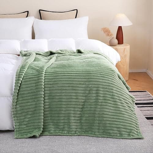 Linecooo Sage Green Fleece Throw Blanket 50”×60” for Couch Sofa Livingroom | Super Soft Cozy Plush Microfiber Flannel Bed Blanket Striped Design Lightweight Home Decor Gifts for Adults Mom Women thumbnail 3