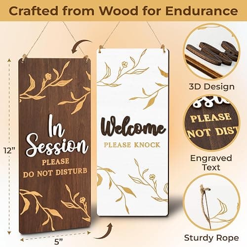Woodamore In Session Door Sign for Therapists, Reversible Wood Office Sign | reversible hanging sign, do not disturb and welcome please knock, therapy, massage, office door thumbnail 2