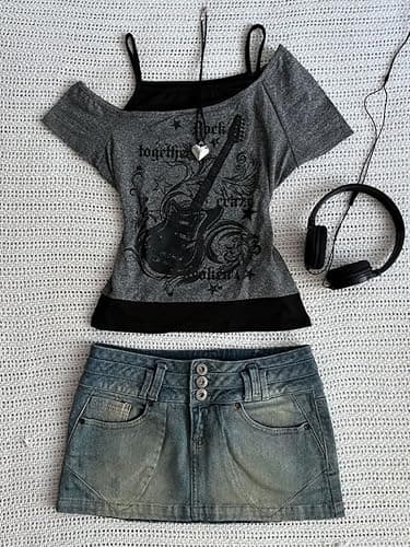 Emo Grunge Shirts Women Graphic Baby Tees Fake Two Piece Short Sleeve Vintage Y2k Crop Top Goth Alt Clothes - Grey Black - Small thumbnail 2