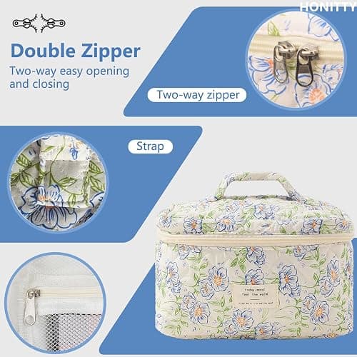Makeup Bag,Quilted Cosmetic Bags,Large Floral Make Up Organize bag,Makeup Bag Set for Women,Flower Travel Toiletry Bag thumbnail 4