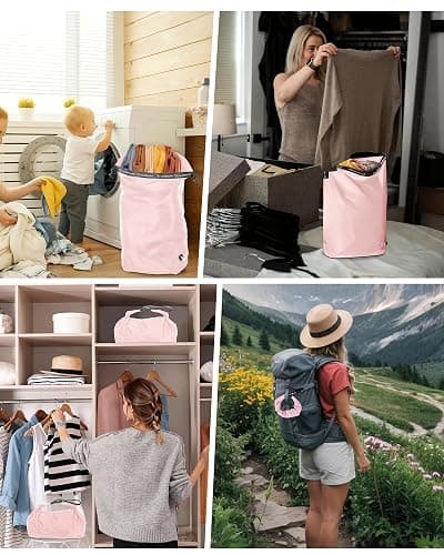 Travel Laundry Bag, Pump Free Vacuum Storage Bag Reusable Compression Dirty Clothes Travel Bag Waterproof Wet Dry Bags Large Capacity Space Saver Bags Camp Clothes Organizer (1 Pcs)(Pink, L) thumbnail 7