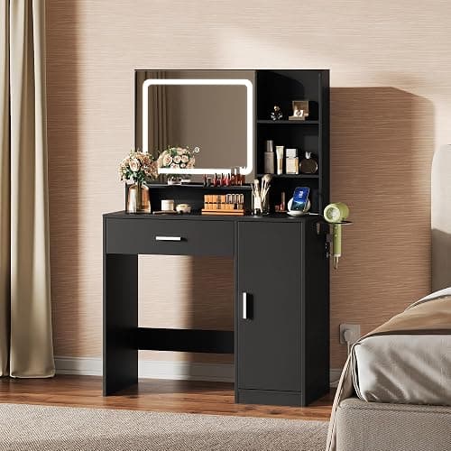WLIVE 35‘’ Modern Makeup Vanity Desk with Mirror and Lights, Dressing Table with Storage Drawers and 3 Open Shelves for Bedroom, Makeup Table with Power Outlets and Hairdryer Holder, Black - Image 1