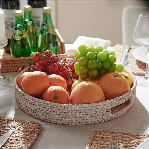 13.8 inch Round Rattan Tray, Decorative Coffee Table Tray, Ottoman Tray, Woven Serving Tray with Handles, Wicker Serving Basket, Whitewash thumbnail 4