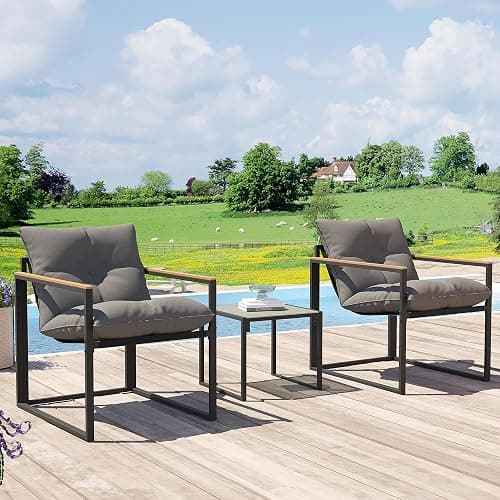 3 Piece Patio Bistro Set, Small Outdoor Furniture with Heat-Resistant Wood Armrests & Breathable Textilene Chairs, Glass Side Table & Thick Cushions for Apartment Balcony, Porch, and Garden (Gray) thumbnail 9