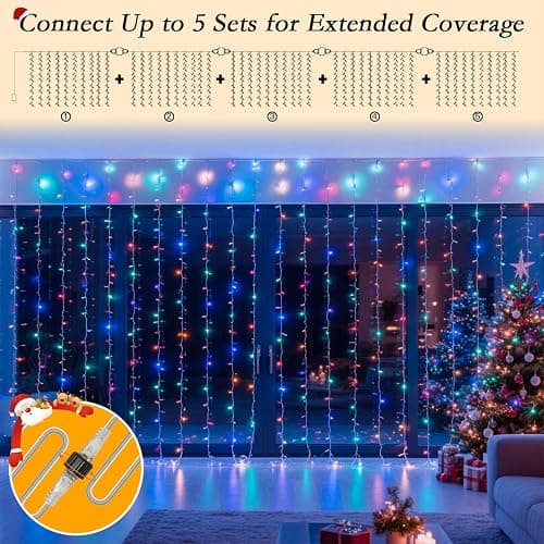 Soagrc 300 LED Rainbow Curtain String Lights 9.8 * 9.8FT Plug in Fairy with Timer and 8 Modes, Waterproof Window Wall Lights for Bedroom Wedding Party Indoor Outdoor Christmas Decor thumbnail 7