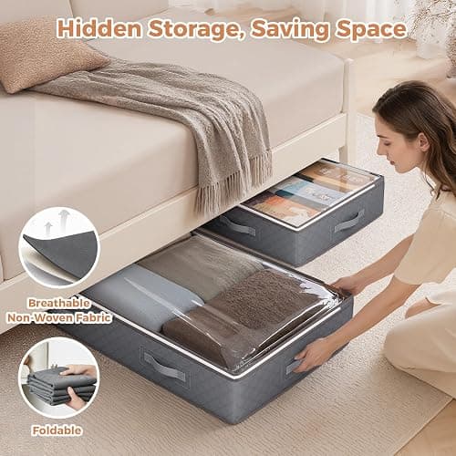 Budding Joy 90L Under Bed Storage Containers, Closet Organizers and Storage Bins, Foldable Underbed Storage Bags for Linen Sheets, Blanket, Clothing, Comforter, Sweaters, Pillows, Wrapping Paper, Grey thumbnail 6