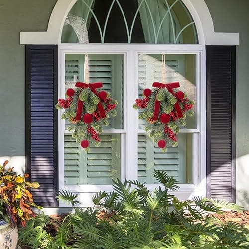 Super Holiday Christmas Decorations, 2PCS Artificial Green Plant Front Door Wreaths Hanging Decoration with Velvet Bow/Ball/Berry, for Winter Home Indoor Outdoor Wall Holiday Decor.(Burgundy) thumbnail 5