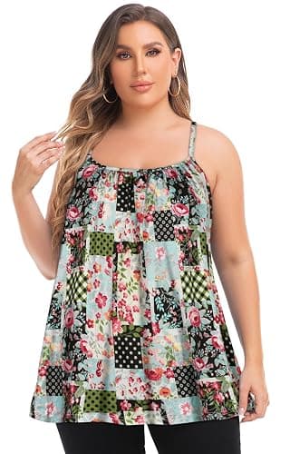 Plus Size Tank Tops for Women Boho Floral Loose Cami Spaghetti Strap Tunic Blouses thumbnail 5
