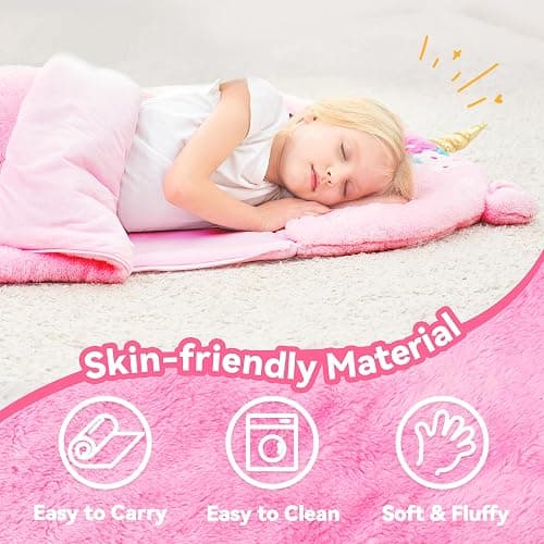 iPlay, iLearn Kids Unicorn Sleeping Bag, Toddler Girl Nap Mat, Plush Animal Slumber Bag 2 In 1 Pink Pillow Daycare Preschool Kindergarten Birthday Gift Travel Sleepover 3 4 5 6 7 8 10 12 Yr Child Teen thumbnail 3