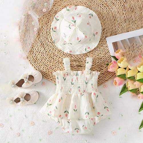 Mubineo Baby Girl Clothes Summer Dress Cotton Linen Romper Sleeveless Smocked Rompers Sun Dress Hat Skirt Boho Outfits thumbnail 2