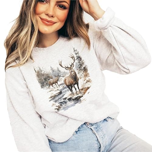 Vintage Deer Wilderness Scene - 90s Vintage Deer Sweatshirt - Scenic Winter Nature Sweater - Unisex Graphic Crewneck Sweatshirt thumbnail 3