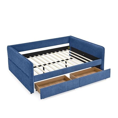 Bellemave Queen daybed with 2 Drawers, Queen Corner Bed, Upholstered Bed Frame with 2 Drawers for Kids,Teens,Adults, Boucle, Blue thumbnail 6