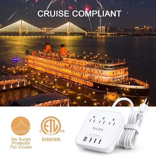 Cruise Essentials, NUOZHI 6 Ft Power Strip with 3 Outlets and 4 USB Ports(1 USB C), Non Surge Protector for Cruise Ship, Travel, Home Office, ETL Listed, White thumbnail 6