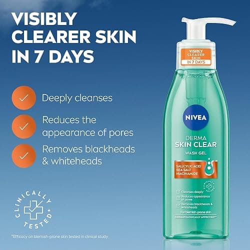 NIVEA Derma Skin Clear Wash Gel (150ml), Deep Cleansing Salicylic Acid Face Wash Enriched with Niacinamide to Cleanse Pores and Remove Impurities, For Blemish-Prone Skin thumbnail 2