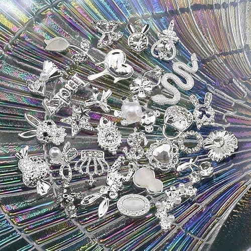30 Stück Luxus Zirkon Nagel Charms 3D Legierung Nailart Anhänger Silber Nail Art Metall Schmuck Strasssteine für Schmetterling Herz Schlange Blume Glitzersteine Zubehör thumbnail 6