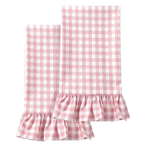 HunnmingRe Light Pink Kitchen Towels Set of 2, 100% Cotton Ruffled Gingham Dish Towels 18"x28" Absorbent Tea Cloths Classic Plaid Pattern for Farmhouse Charm, Drying Dishes, Entertaining Guests - Image 1