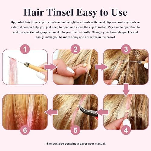 12 Colors Hair Tinsel Kit Hair Extensions 48 Inch With Tool 3600 Strands Sparkling Dazzle Glitter Shiny Fairy Hair Heat Resistant for Girls Women Christmas New Year Festival Party thumbnail 7