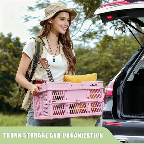 Pink crates for storage,plastic baskets for organizing,14.96" x9.84"x 7.87" collapsible shopping basket,20L foldable crate with Handles,Car Milk Dairy crate for Kitchen,Bathroom,school,office thumbnail 2
