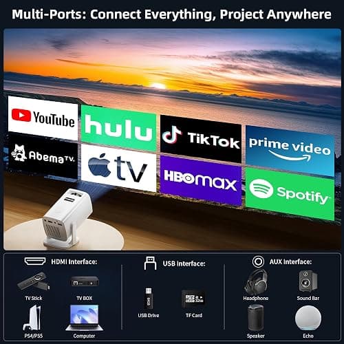 Mini Projector, Portable Projector 4K Support, Full HD 1080P Outdoor Projector, 270° Rotation Movie Projector, Compatible with Smartphone, TV Stick, Laptop, PS4, HDMI, USB (No WiFi or Bluetooth) thumbnail 3